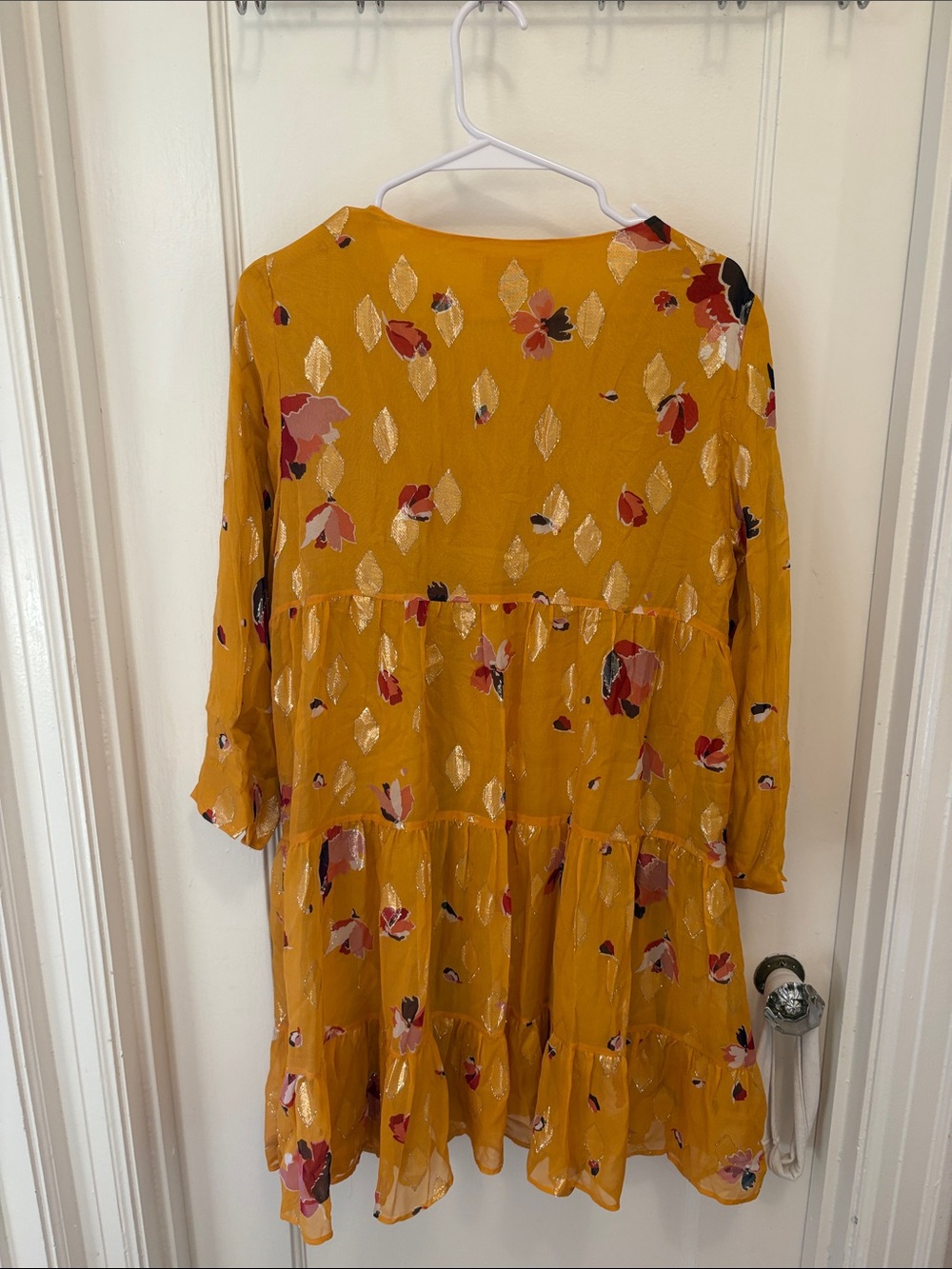 Sezane yellow and gold patterned tiered baby doll dress. - Picture 2 of 4